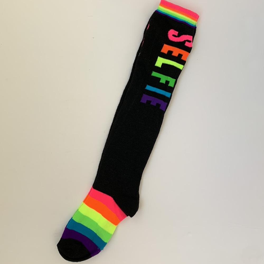 Black and Brightly Colored “SELFIE” Knee Socks